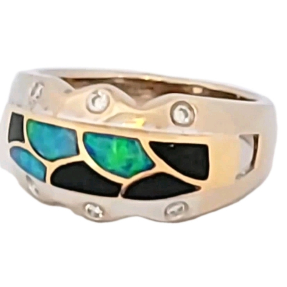 Asch Grossbardt 14k Gold Opal Onyx Diamond Band Ring-Vintage Estate Jewelry 6.7g